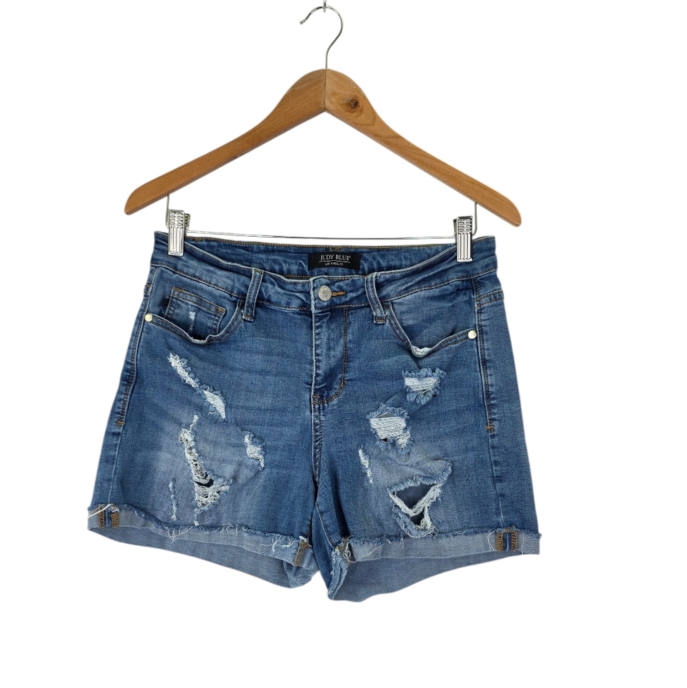 Judy Blue High Rise Distressed Folded Hem Women's Denim Jean Shorts Size Large